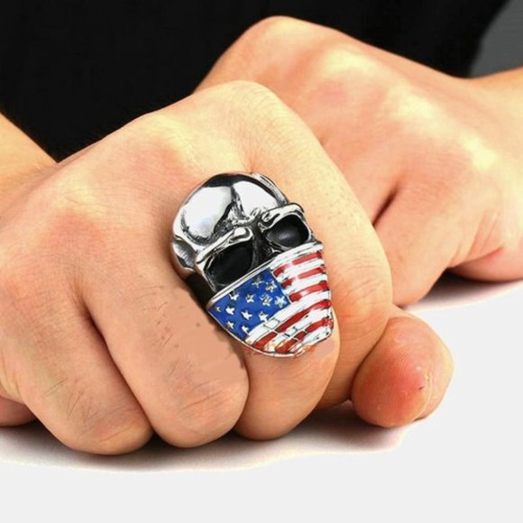 Men's Stainless Steel American Flag Skull Biker Ring - Hypoallergenic Band Ring In US Size 14 - View #7